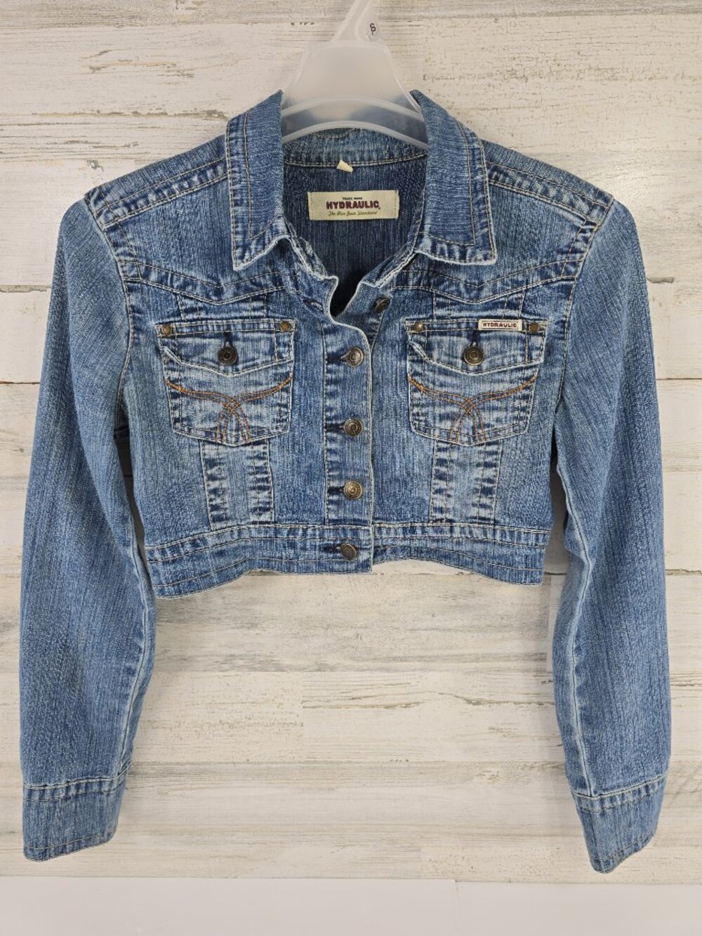 Hydraulic Y2K Cropped Denim Jacket Womens Medium Blue Stretch Jean Up **AS-IS***